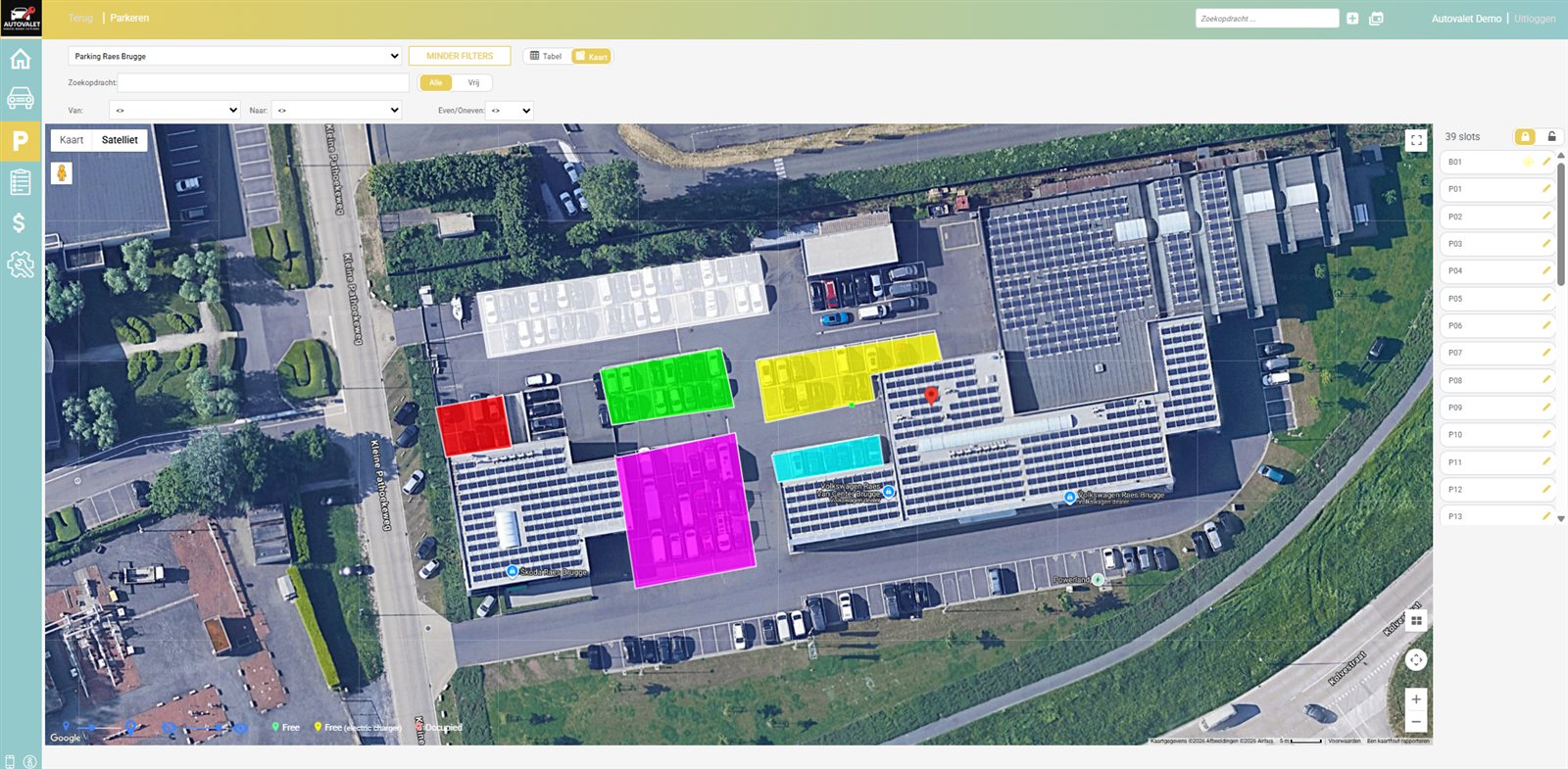 AutoValet parking map — real-time satellite view of free and occupied spots
